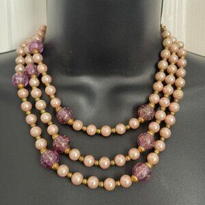 Vintage Signed REINAD Multi Strand Faux Pearl Necklace Champagne Beige Purple